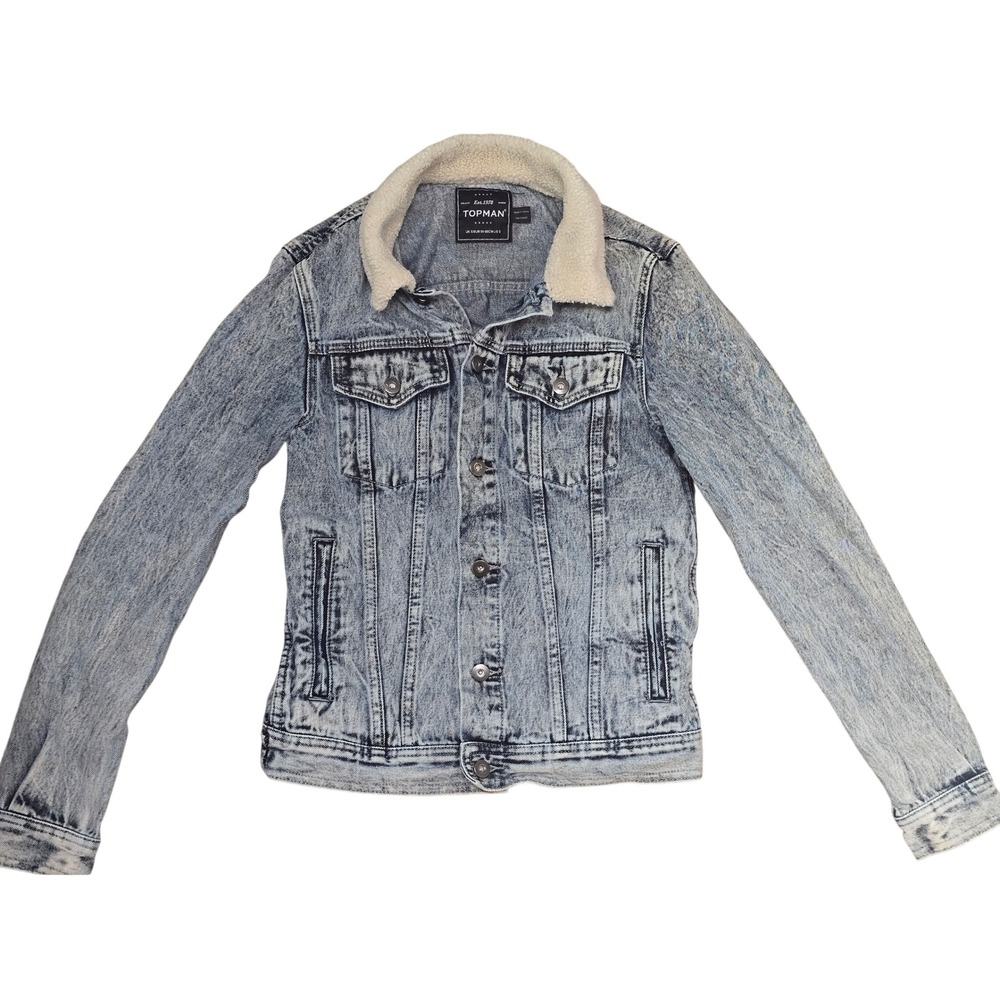 Topman Mens Acid Wash Denim Trucker Jacket Borg Fleece Collar Light Blue Small